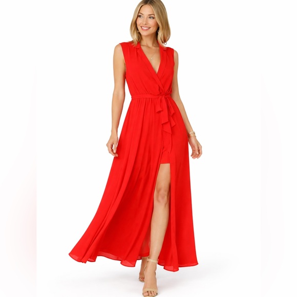 Red Dress Boutique Dresses & Skirts - Red Sleeveless Wrap Maxi Dress with Tie Waist & High Slit – Size XS